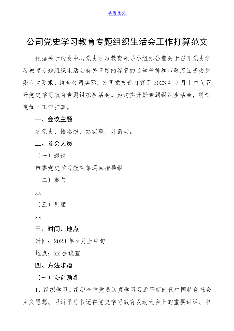 2023年公司党史学习教育专题组织生活会工作方案集团公司企业参考.doc_第1页