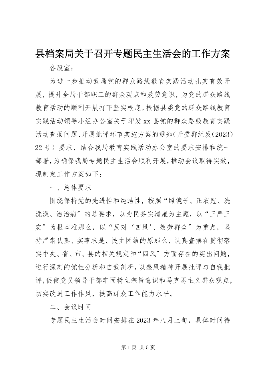 2023年县档案局关于召开专题民主生活会的工作方案.docx_第1页