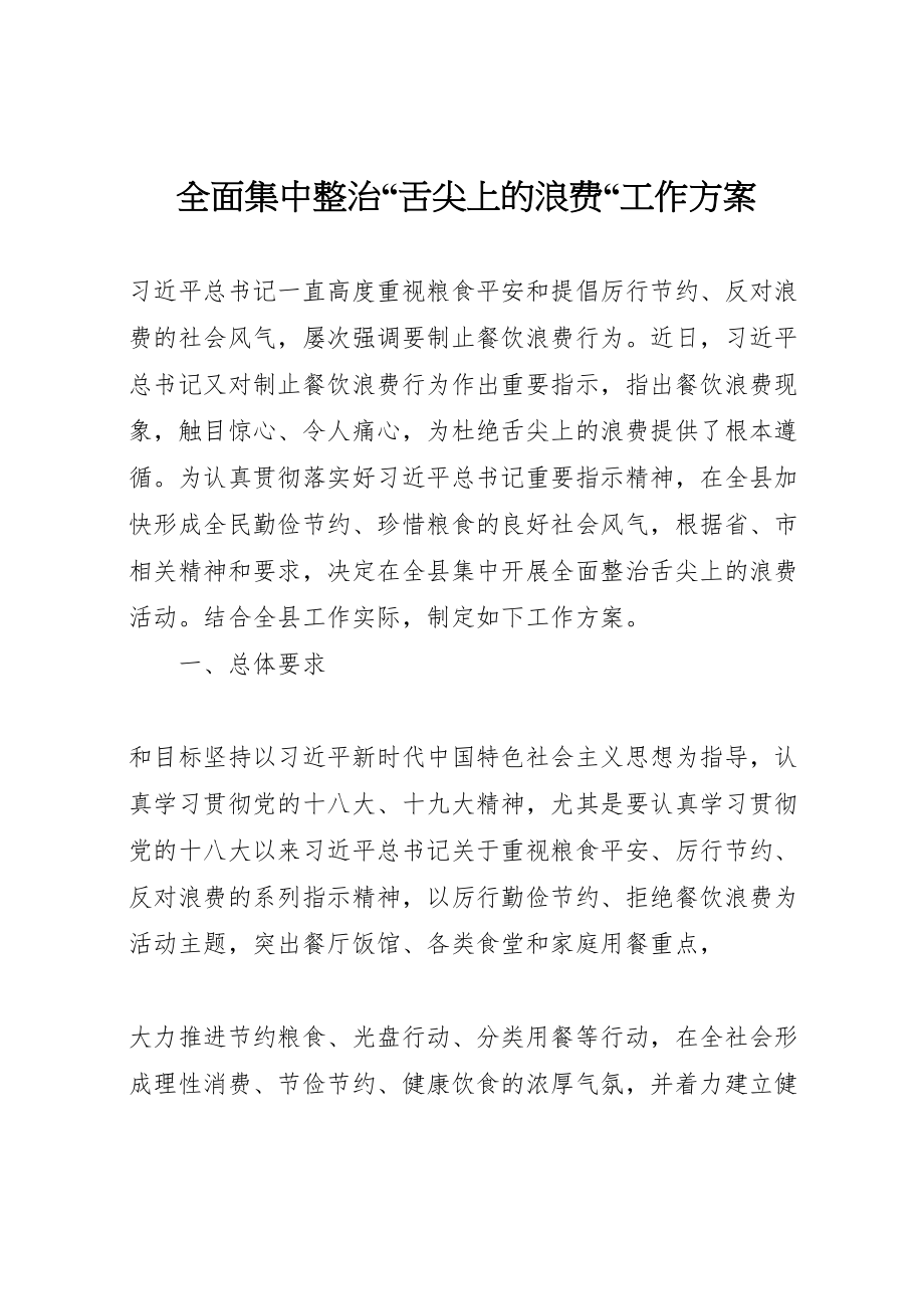 2023年全面集中整治舌尖上的浪费工作方案.doc_第1页