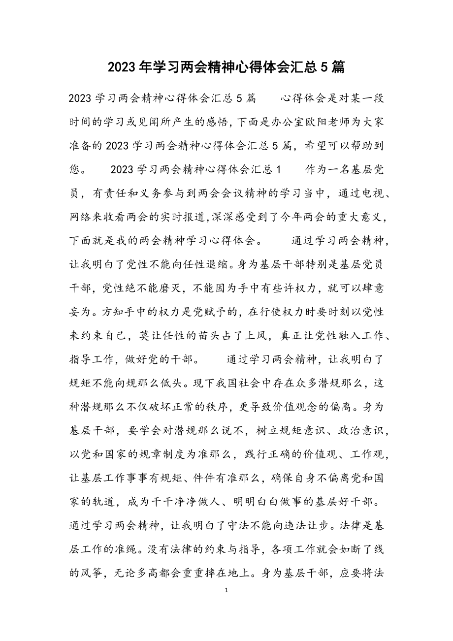 2023学习两会精神心得体会汇总5篇.docx_第1页