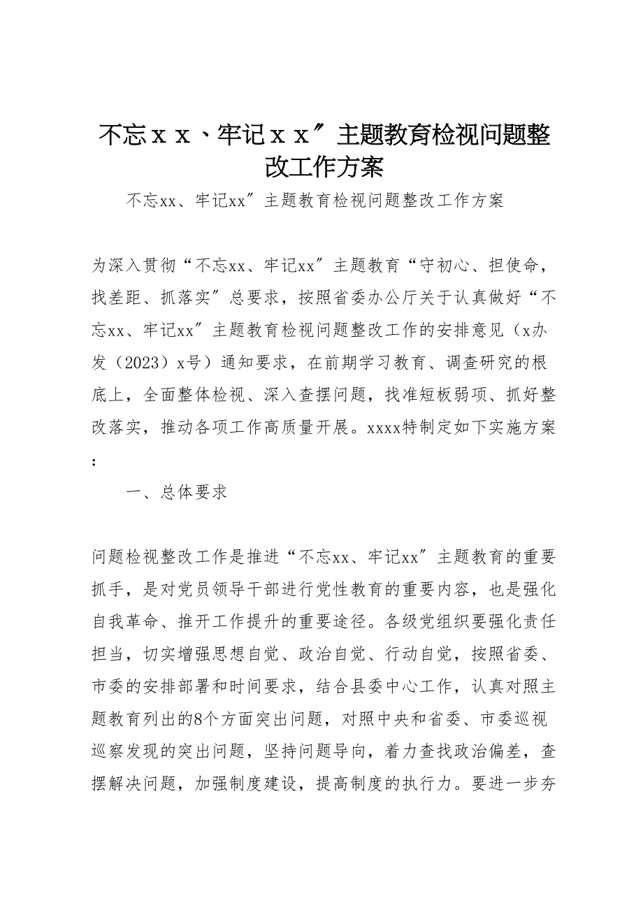 2023年不忘ｘｘ牢记ｘｘ主题教育检视问题整改工作方案.doc_第1页