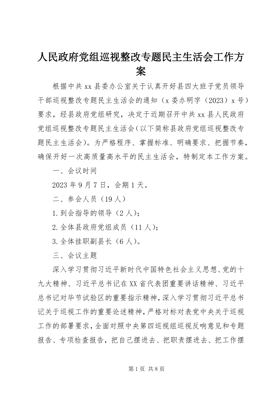 2023年人民政府党组巡视整改专题民主生活会工作方案.docx_第1页