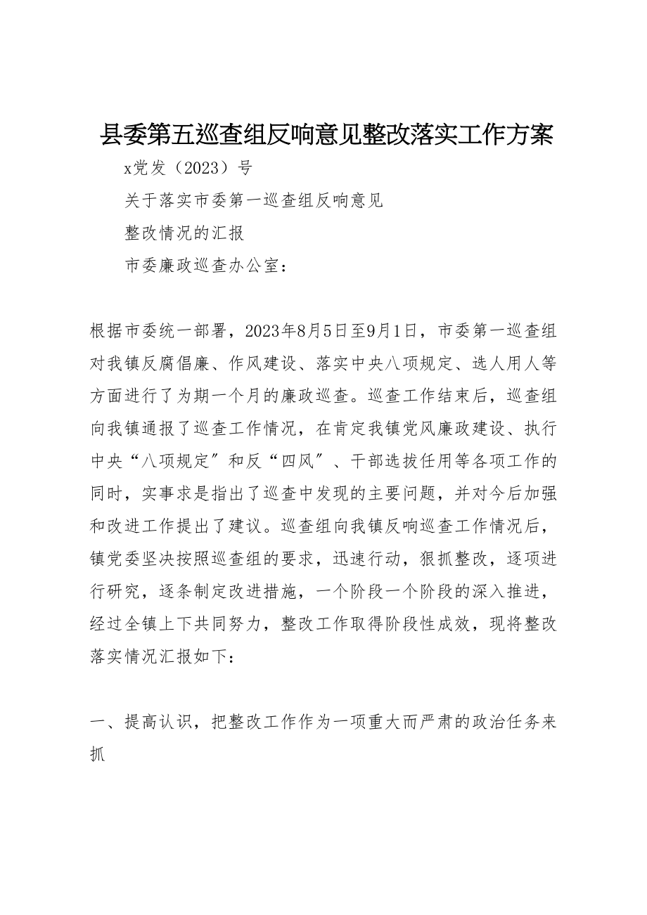 2023年县委第五巡查组反馈意见整改落实工作方案 2.doc_第1页