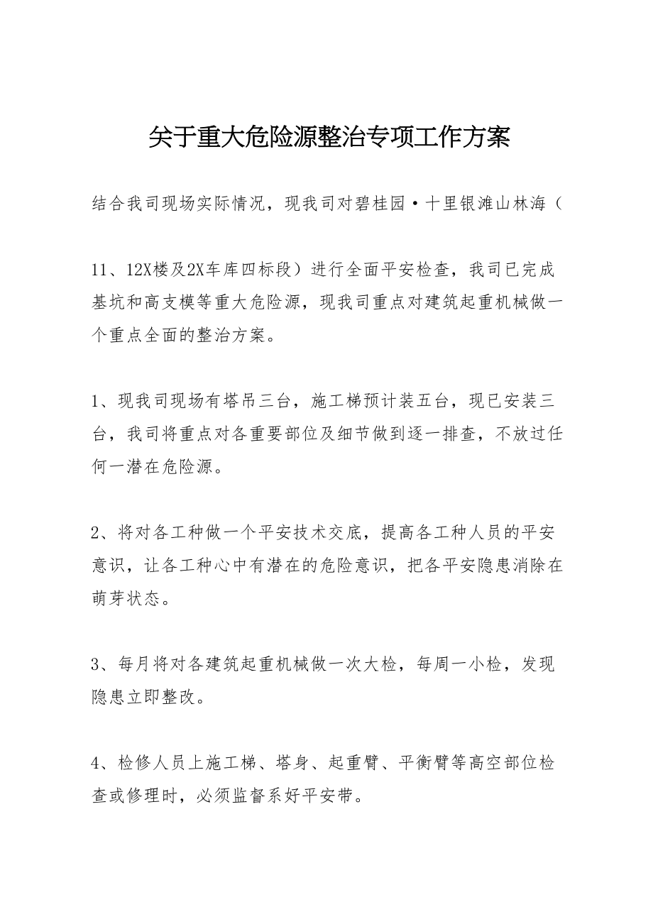 2023年关于重大危险源整治专项工作方案新编.doc_第1页