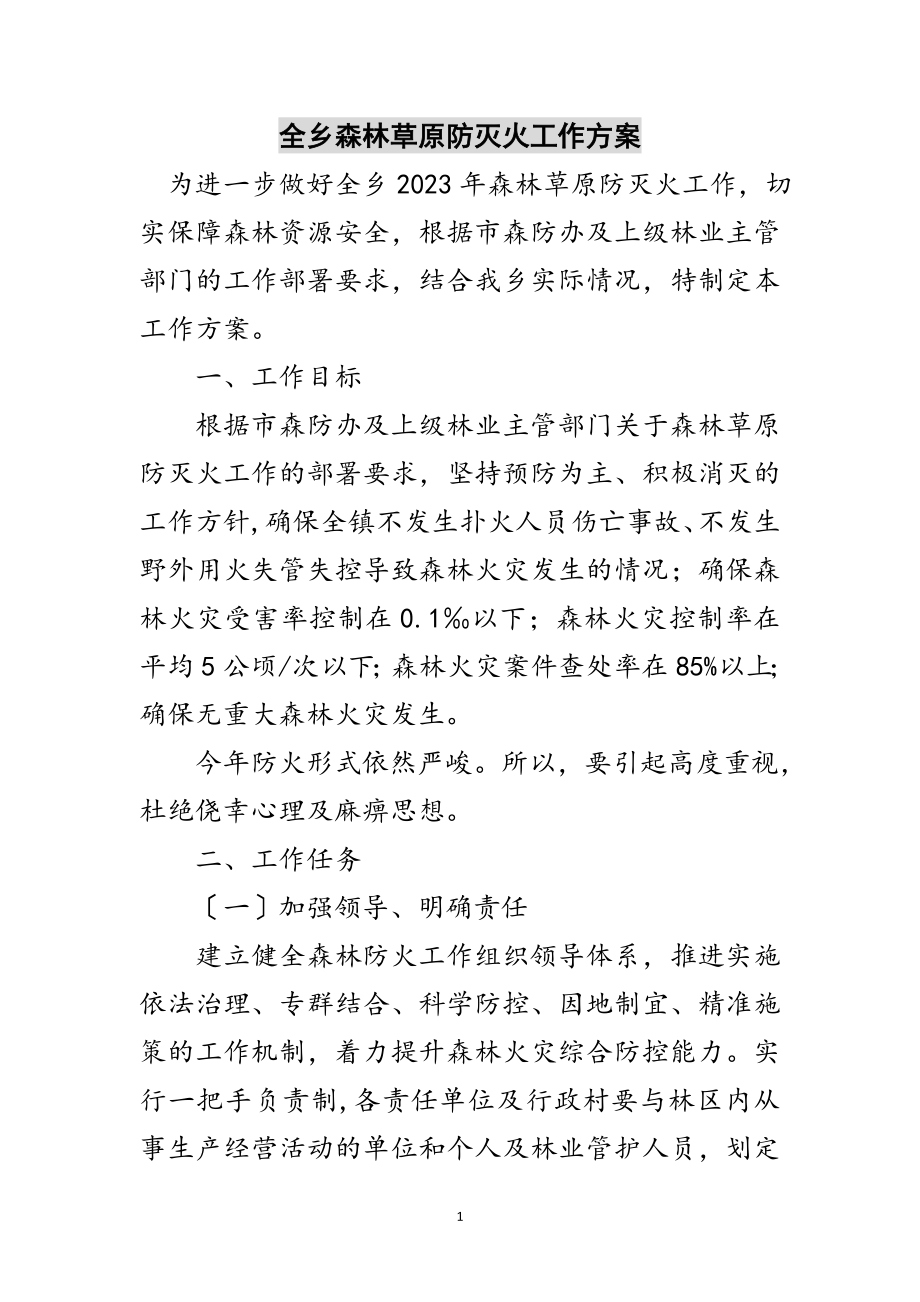 2023年全乡森林草原防灭火工作方案范文.doc_第1页