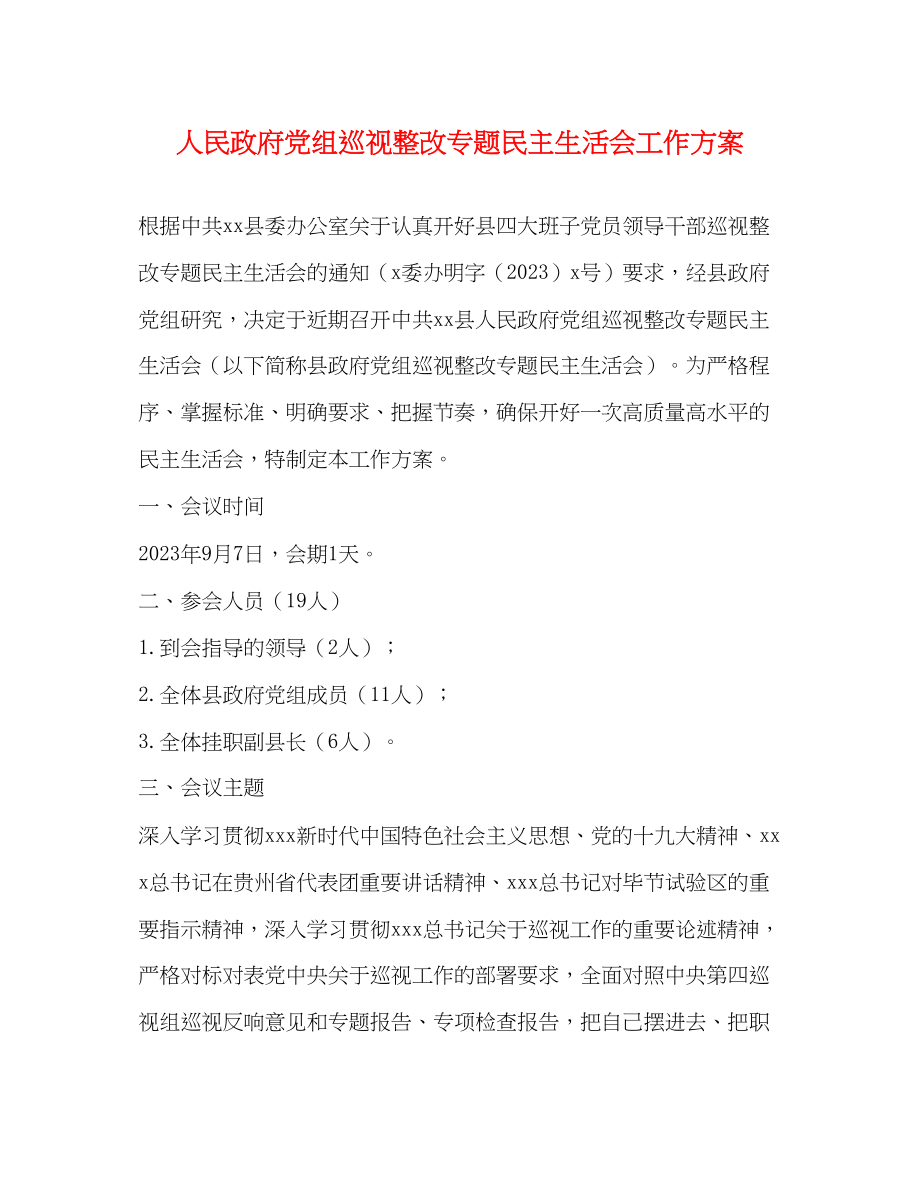 2023年人民政府党组巡视整改专题民主生活会工作方案2.docx_第1页