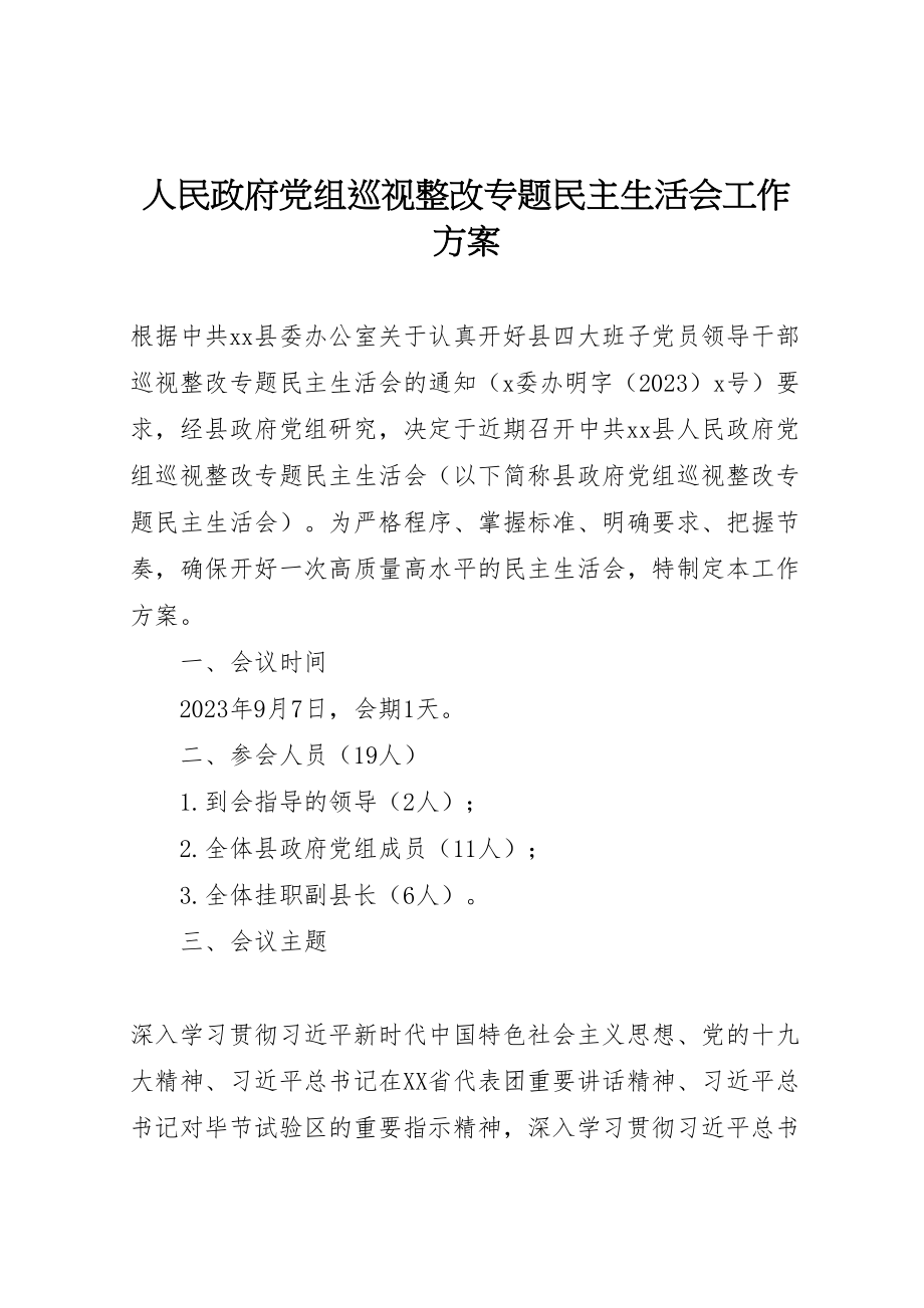 2023年人民政府党组巡视整改专题民主生活会工作方案.doc_第1页