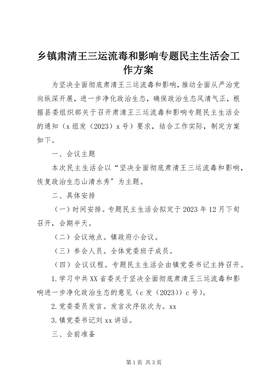 2023年乡镇肃清王三运流毒和影响专题民主生活会工作方案.docx_第1页