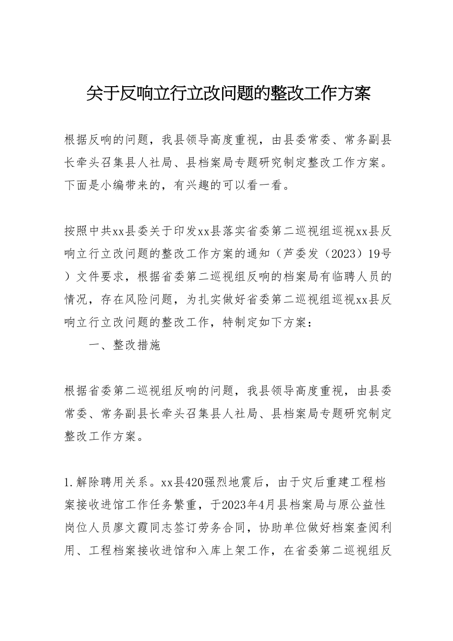 2023年关于反馈立行立改问题的整改工作方案.doc_第1页