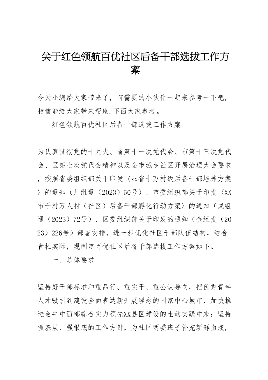 2023年关于红色领航百优社区后备干部选拔工作方案.doc_第1页