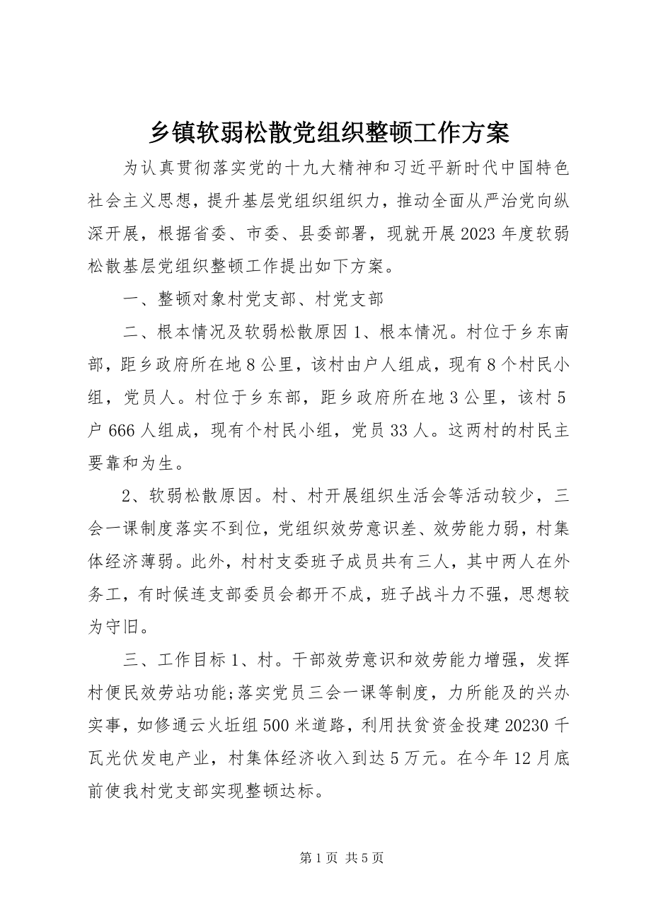 2023年乡镇软弱涣散党组织整顿工作方案.docx_第1页