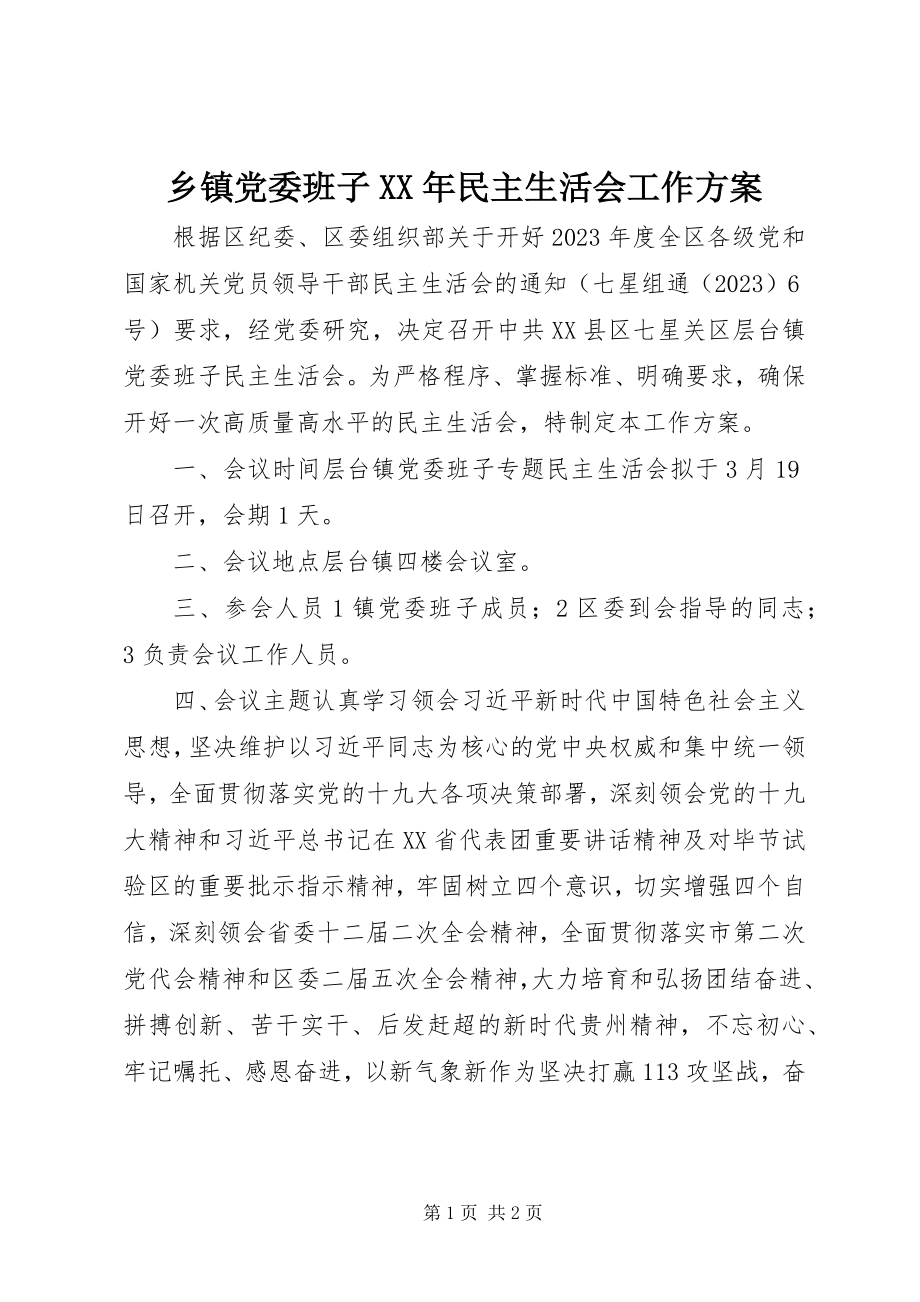 2023年乡镇党委班子民主生活会工作方案.docx_第1页