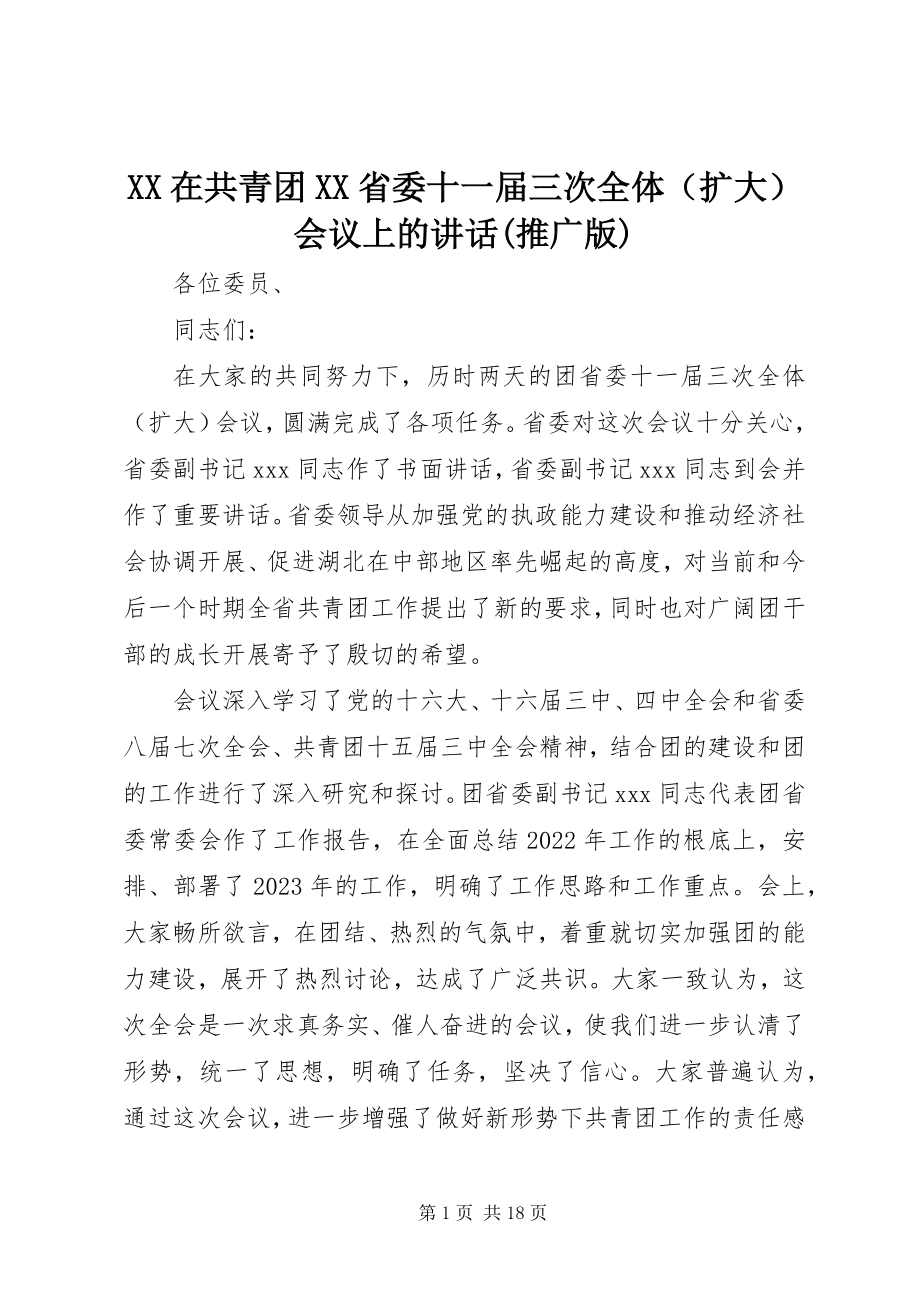 2023年XX在共青团XX省委十一届三次全体会议上的致辞推广版新编.docx_第1页