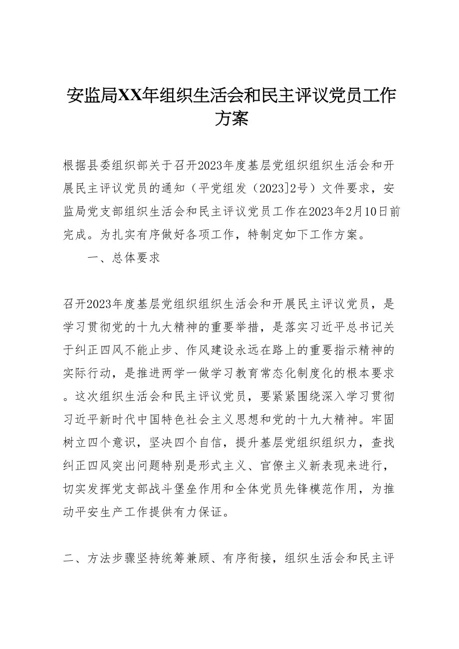 2023年安监局年组织生活会和民主评议党员工作方案.doc_第1页