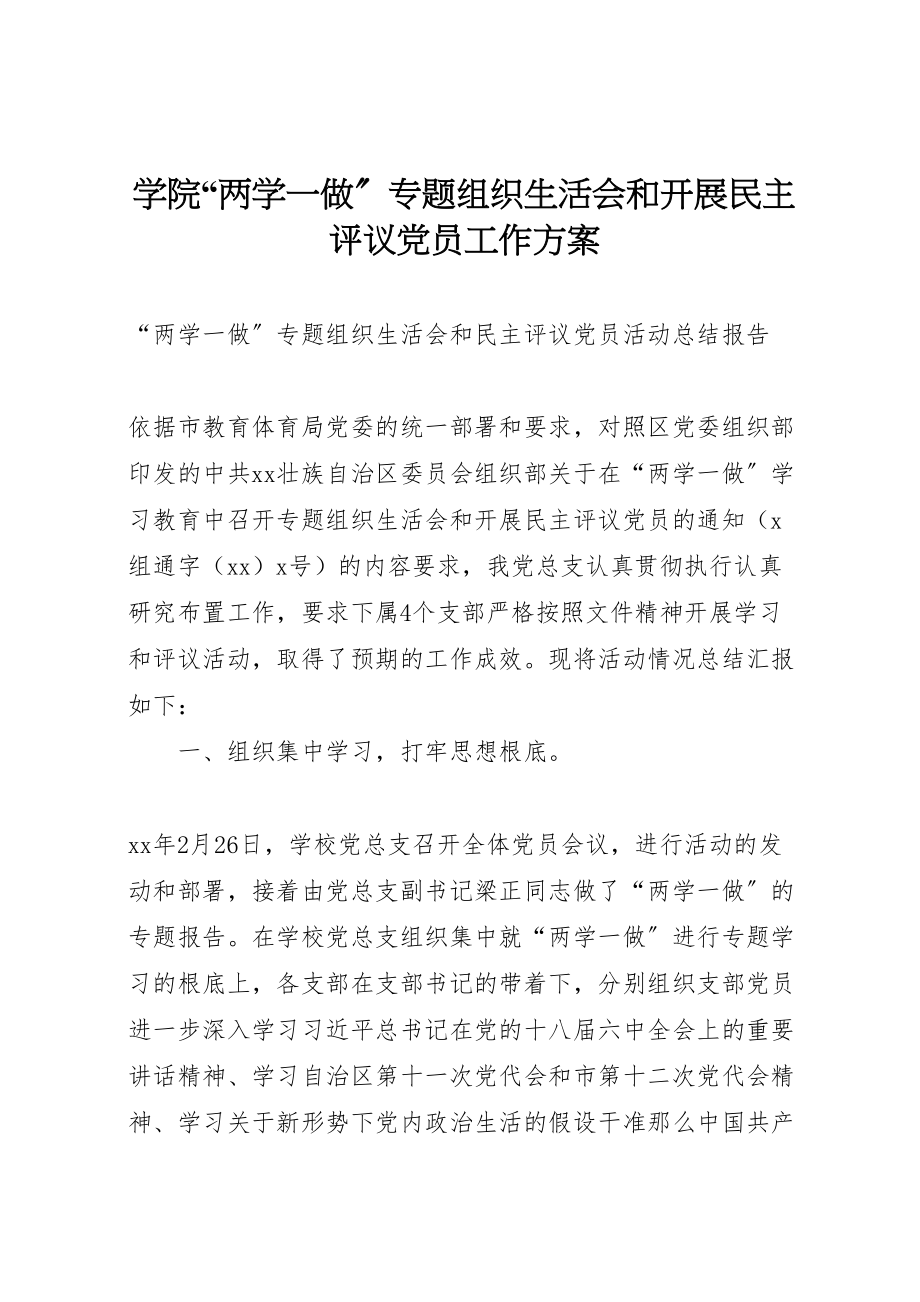 2023年学院两学一做专题组织生活会和开展民主评议党员工作方案 2.doc_第1页