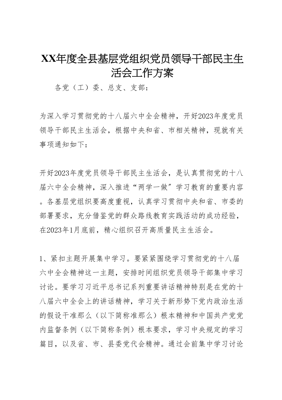 2023年度全县基层党组织党员领导干部民主生活会工作方案新编.doc_第1页