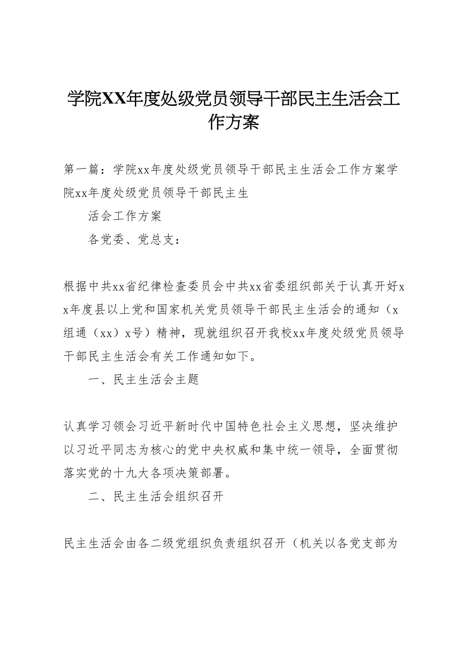 2023年学院年度处级党员领导干部民主生活会工作方案.doc_第1页