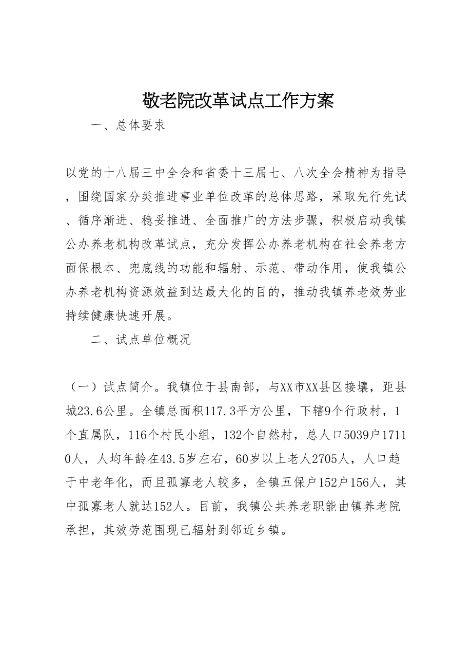 2023年敬老院改革试点工作方案.doc_第1页