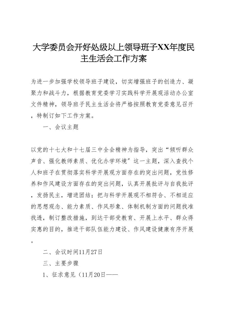 2023年大学委员会开好处级以上领导班子年度民主生活会工作方案 3.doc_第1页