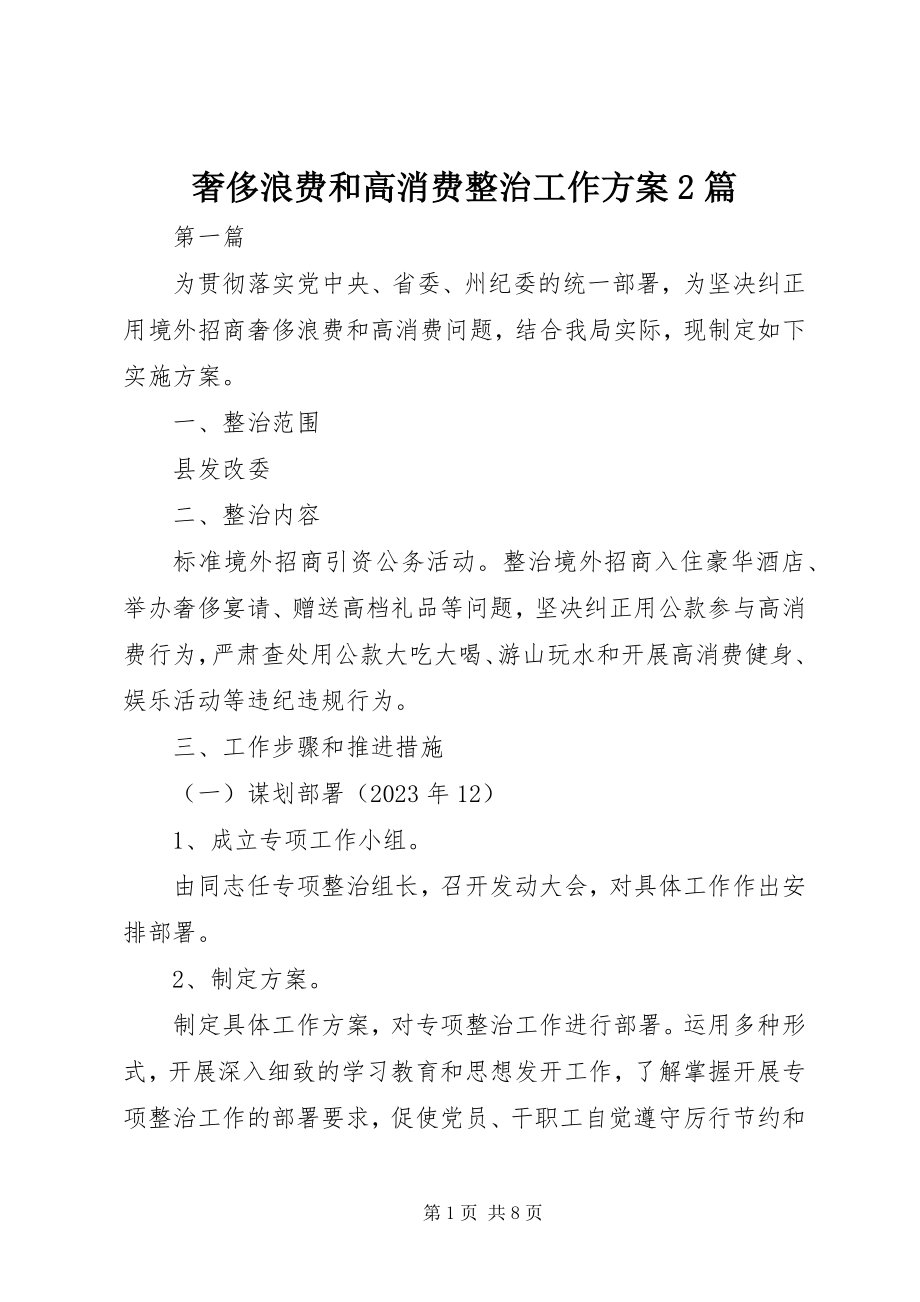 2023年奢侈浪费和高消费整治工作方案2篇.docx_第1页