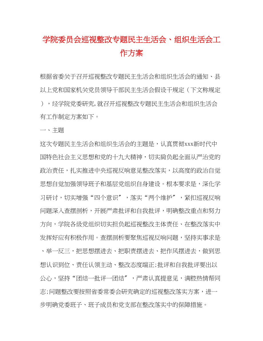 2023年学院委员会巡视整改专题民主生活会、组织生活会工作方案2.docx_第1页