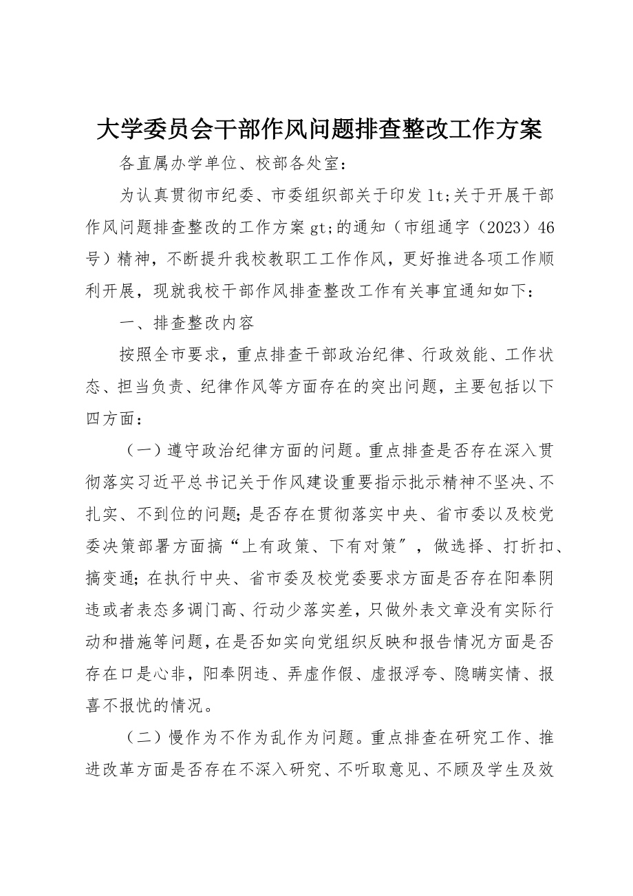 2023年大学委员会干部作风问题排查整改工作方案.docx_第1页