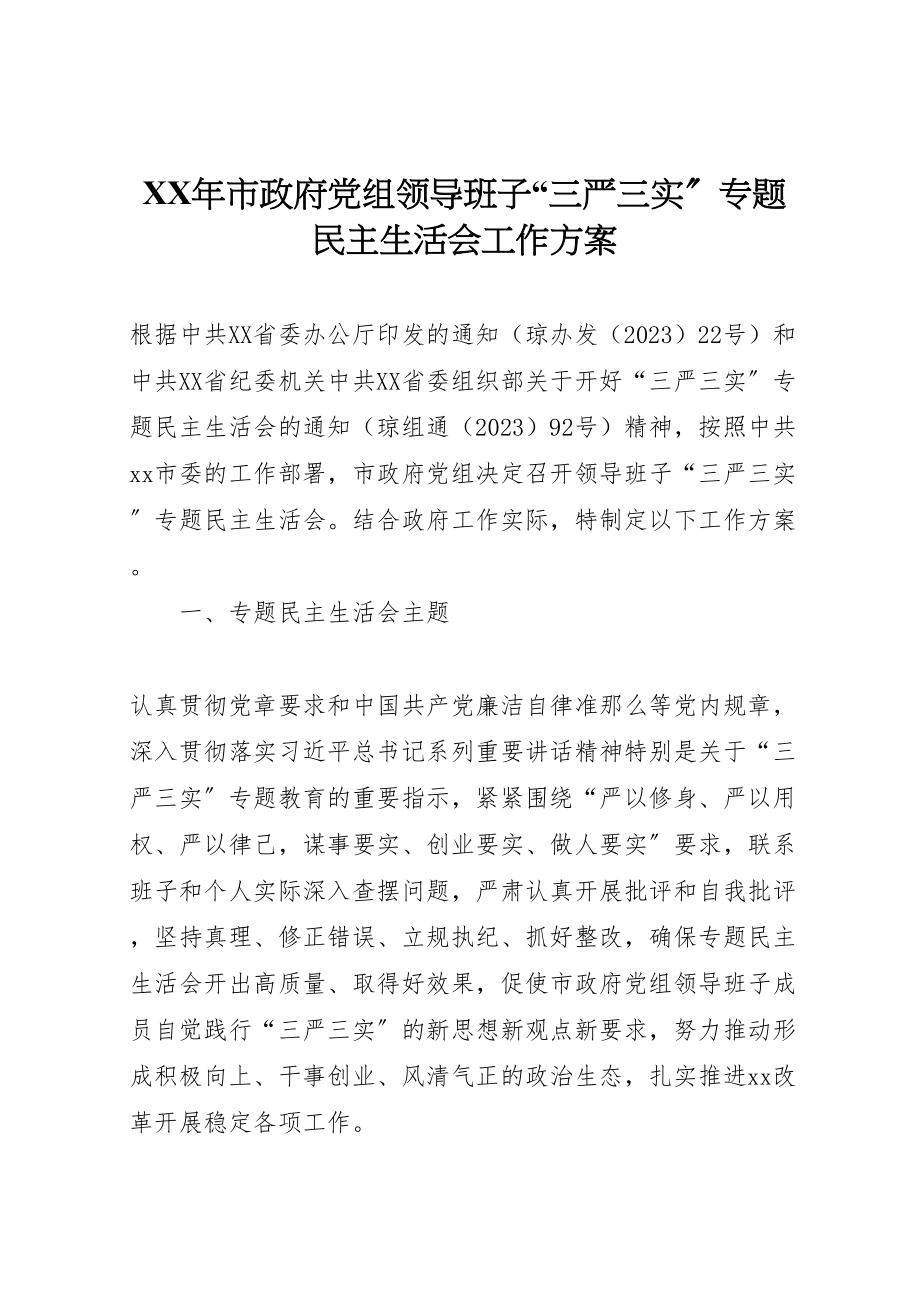 2023年市政府党组领导班子三严三实专题民主生活会工作方案.doc_第1页