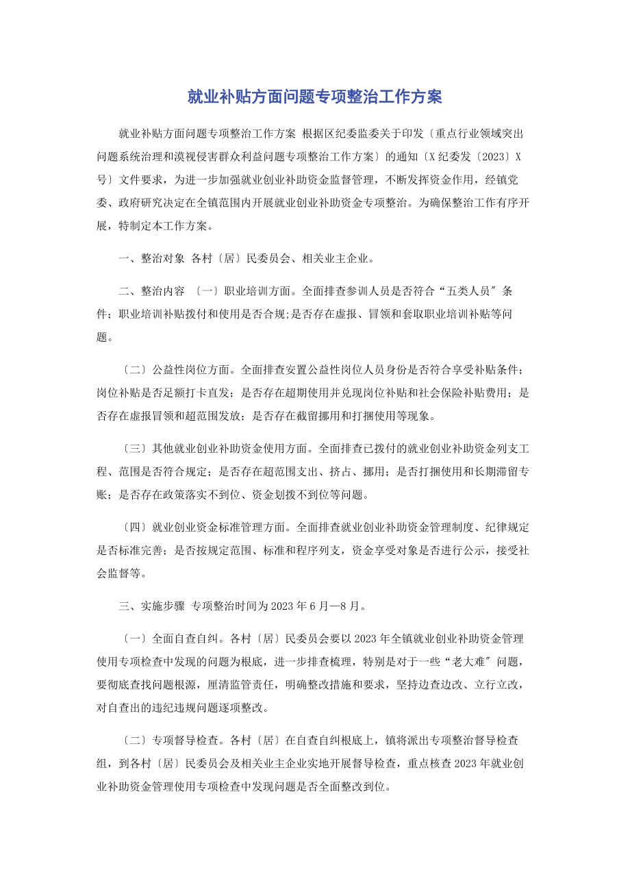 2023年就业补贴方面问题专项整治工作方案.docx_第1页