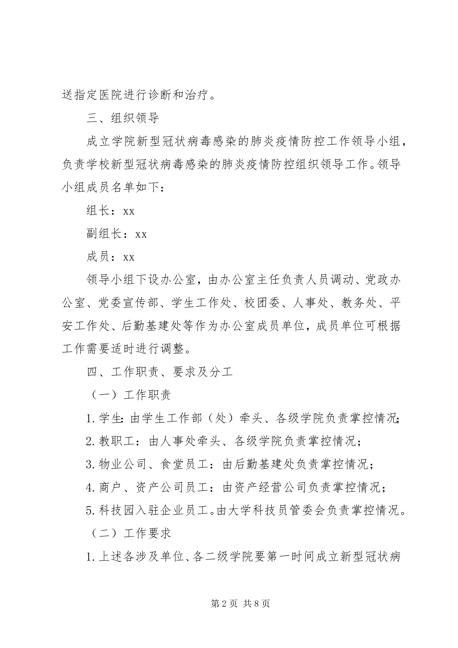 2023年学校关于新型冠状病毒感染的肺炎疫情防范工作方案.docx_第2页