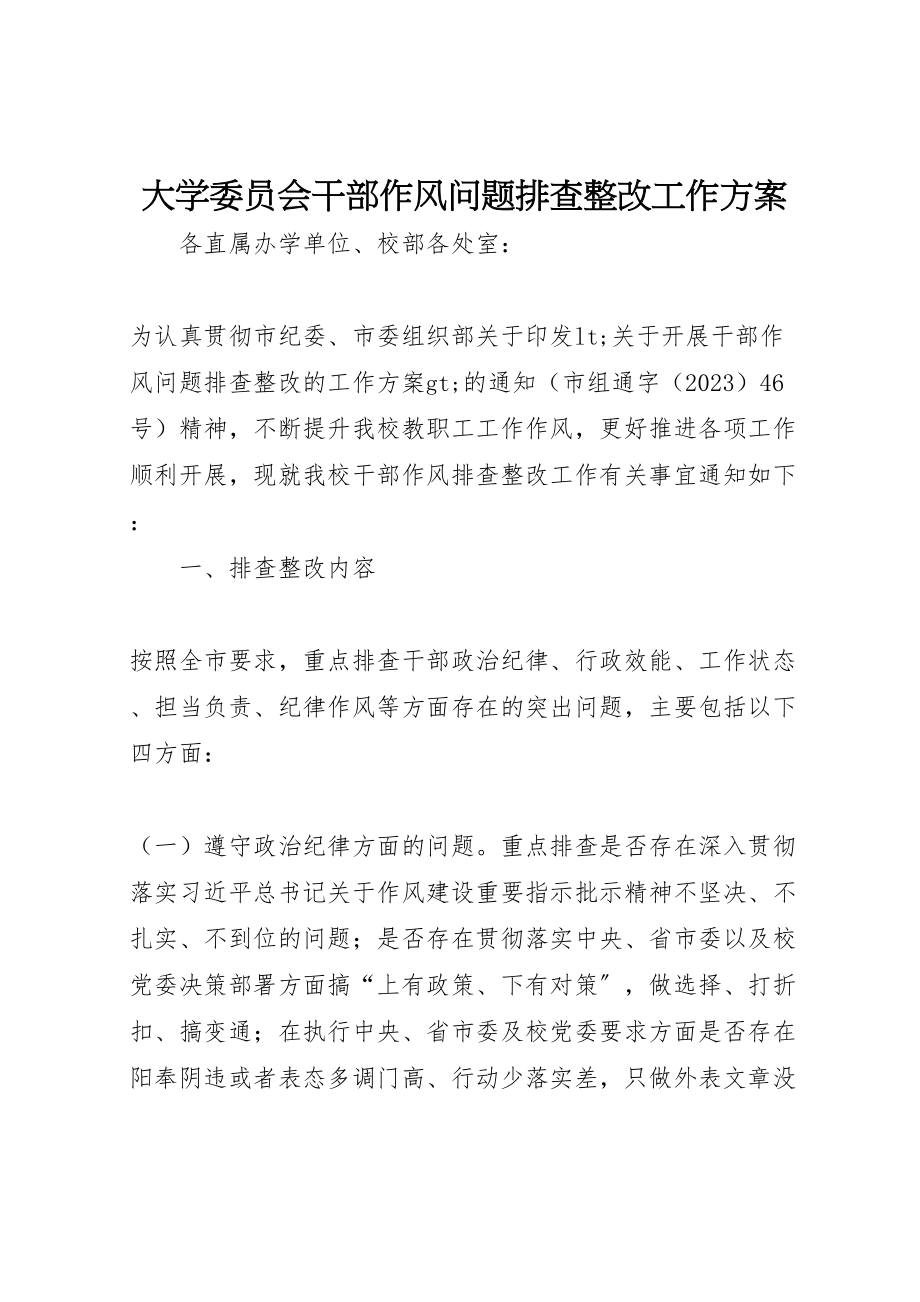 2023年大学委员会干部作风问题排查整改工作方案新编.doc_第1页