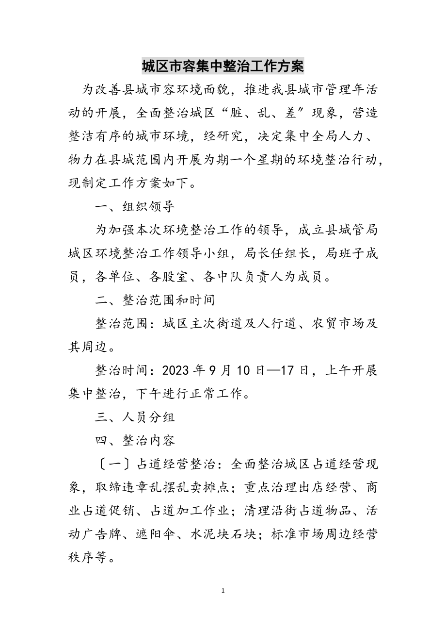 2023年城区市容集中整治工作方案范文.doc_第1页