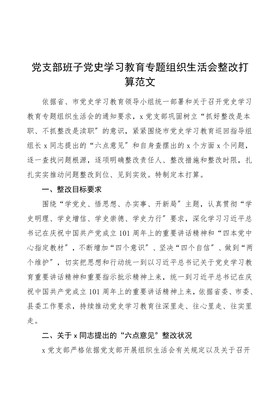 2023年整改方案党支部班子党史学习教育专题组织生活会整改方案领导班子工作方案.doc_第1页