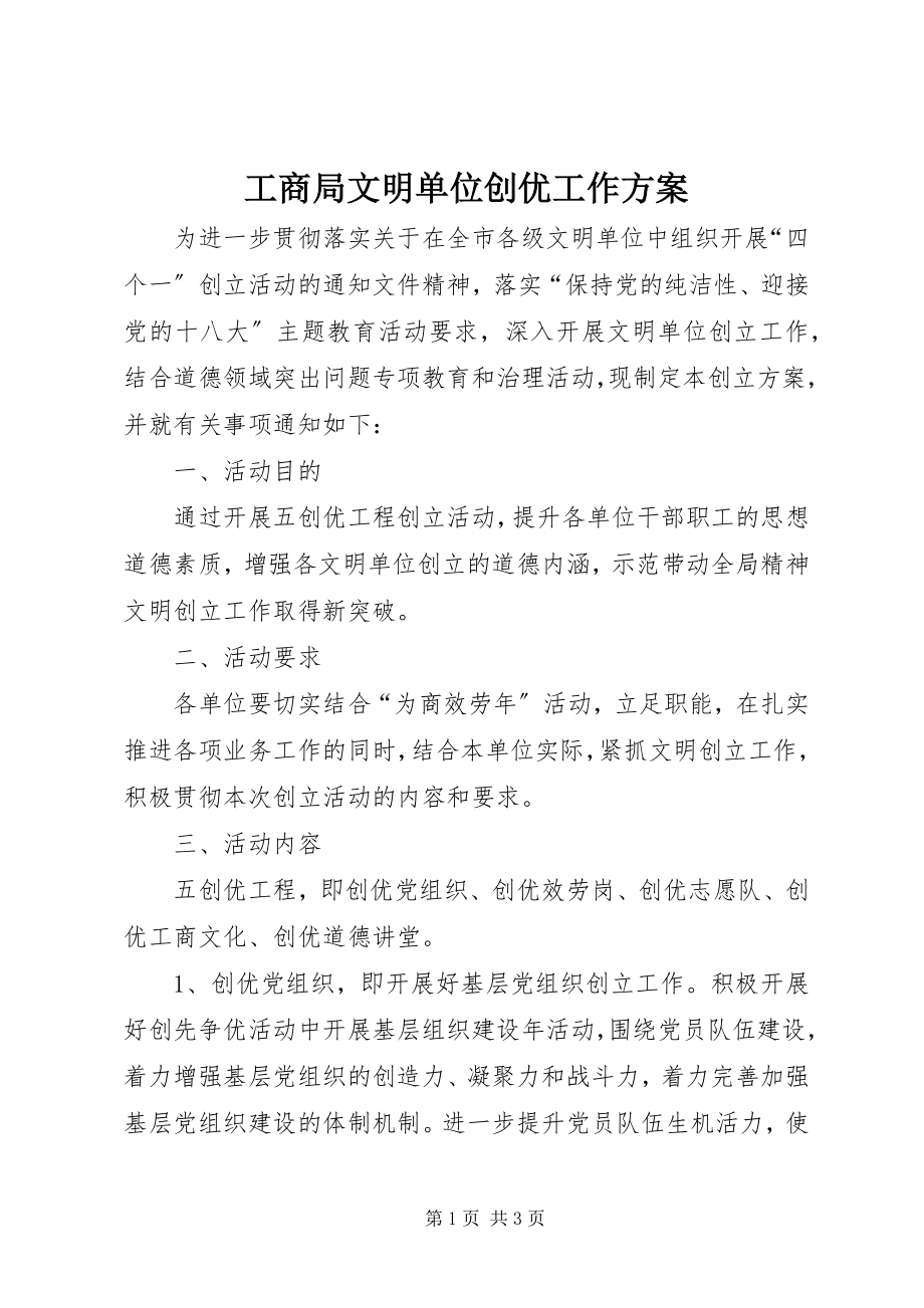 2023年工商局文明单位创优工作方案.docx_第1页