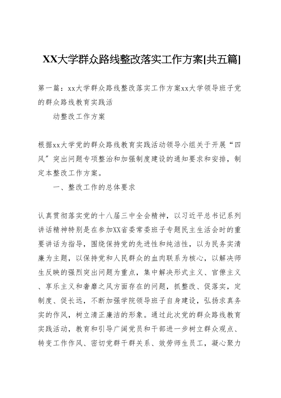 2023年大学群众路线整改落实工作方案共五篇新编.doc_第1页