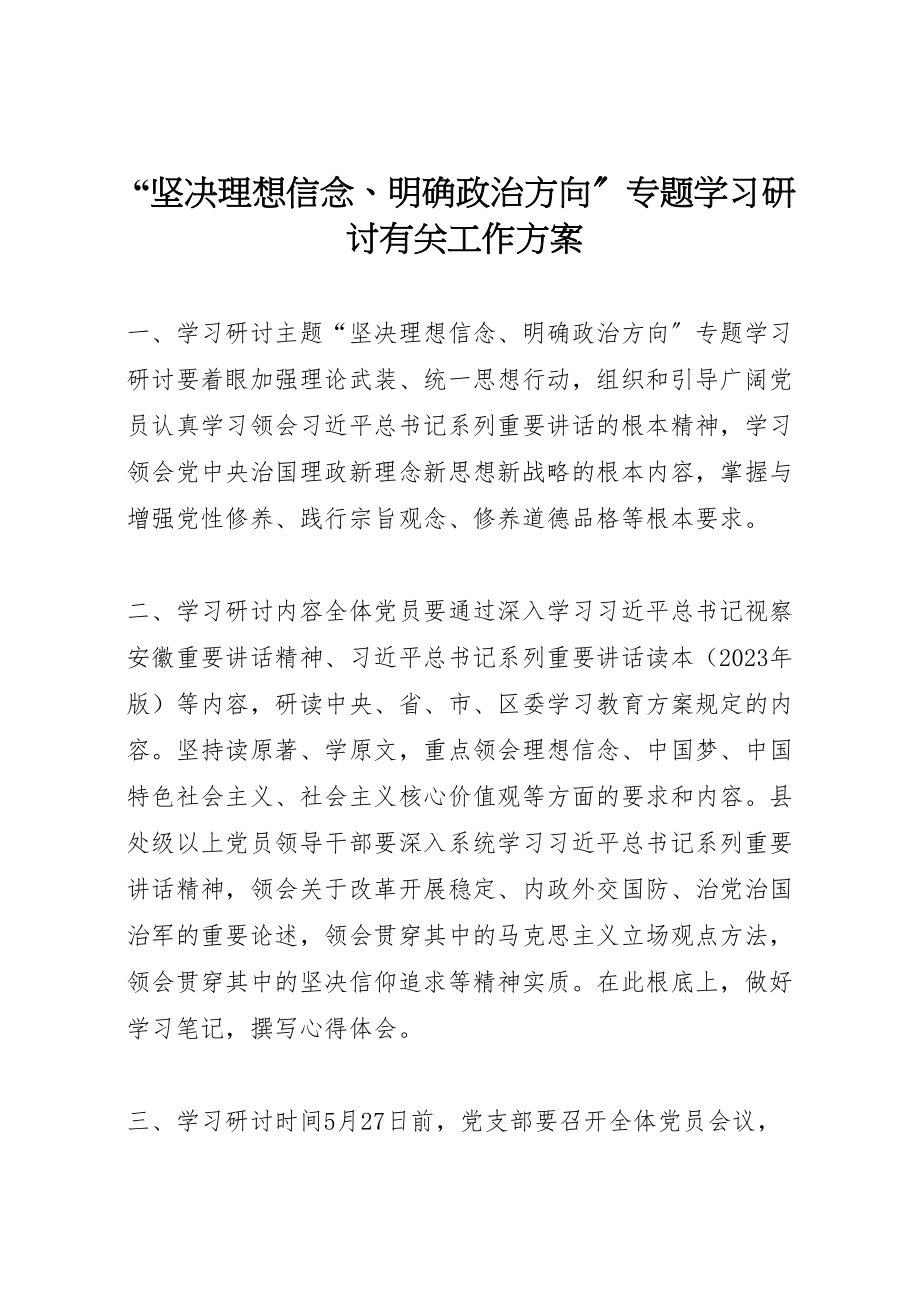 2023年坚定理想信念明确政治方向专题学习研讨有关工作方案.doc_第1页