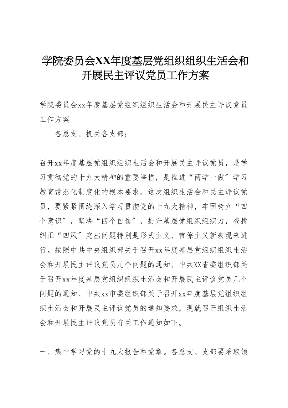 2023年学院委员会年度基层党组织组织生活会和开展民主评议党员工作方案.doc_第1页