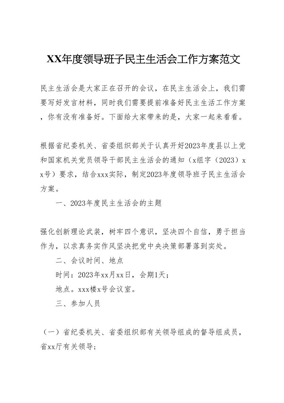 2023年度领导班子民主生活会工作方案范文.doc_第1页