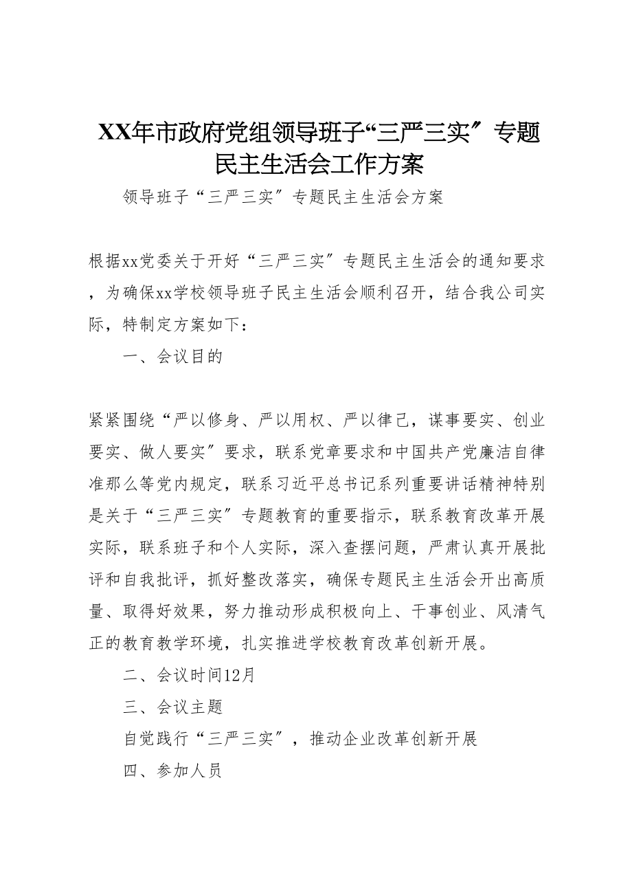 2023年市政府党组领导班子三严三实专题民主生活会工作方案 .doc_第1页