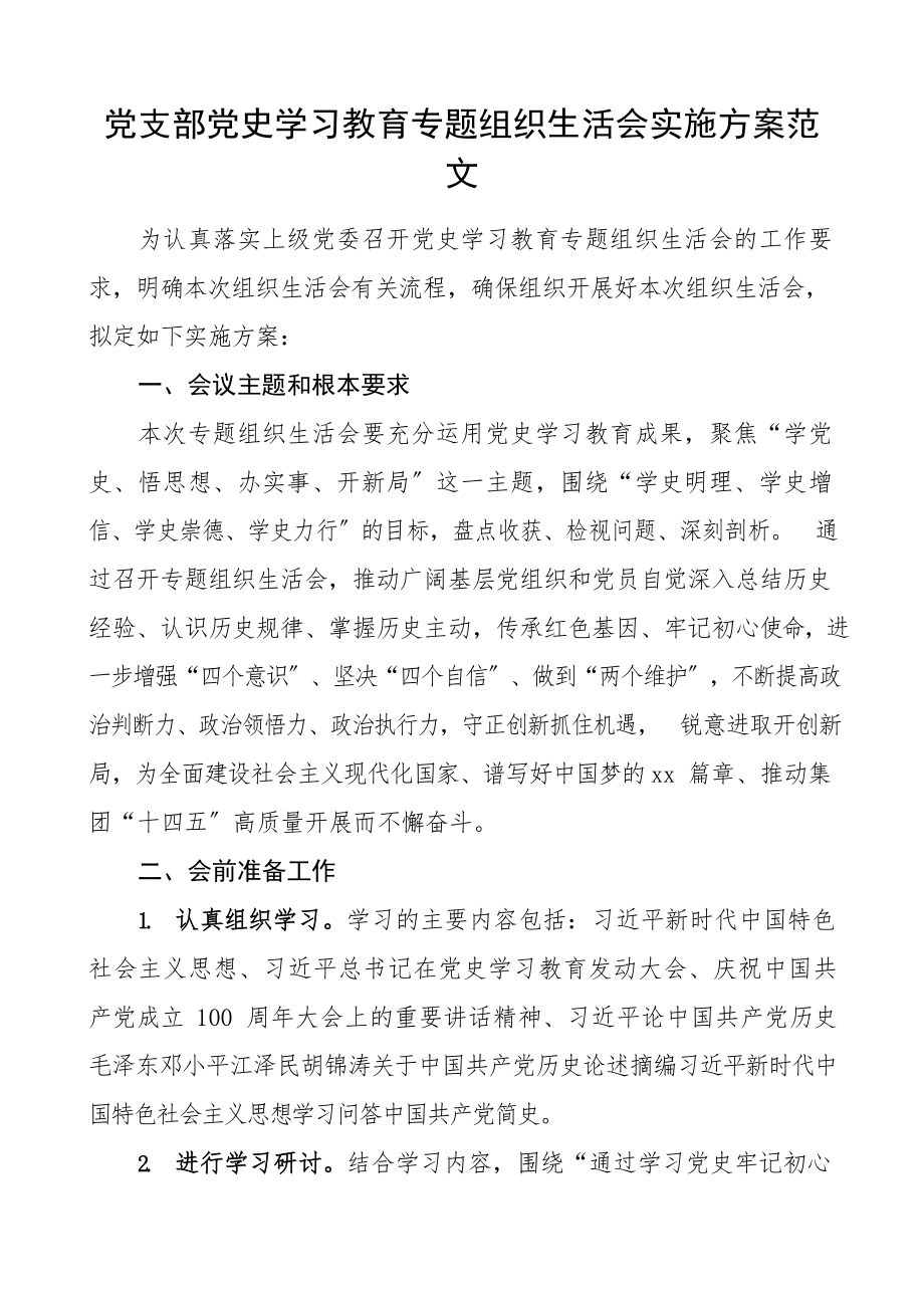 2023年工作方案党支部党史学习教育专题组织生活会实施方案.docx_第1页