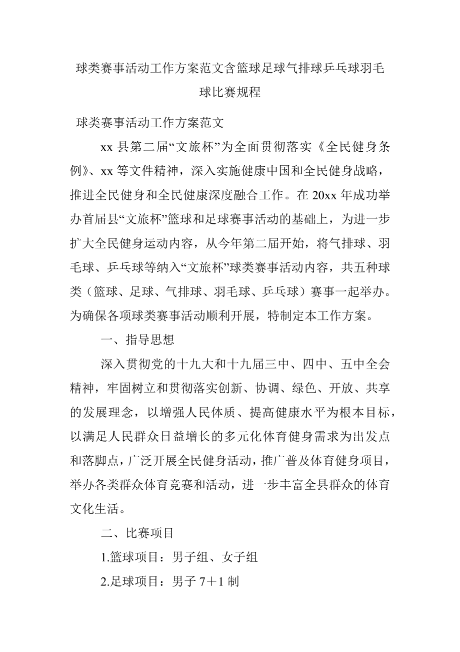 球类赛事活动工作方案范文含篮球足球气排球乒乓球羽毛球比赛规程.docx_第1页