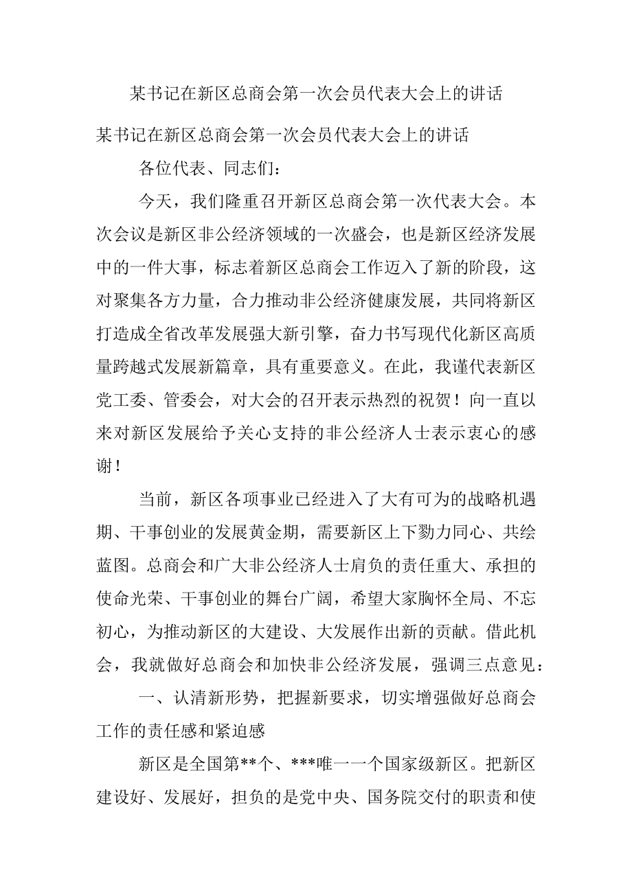 某书记在新区总商会第一次会员代表大会上的讲话.docx_第1页