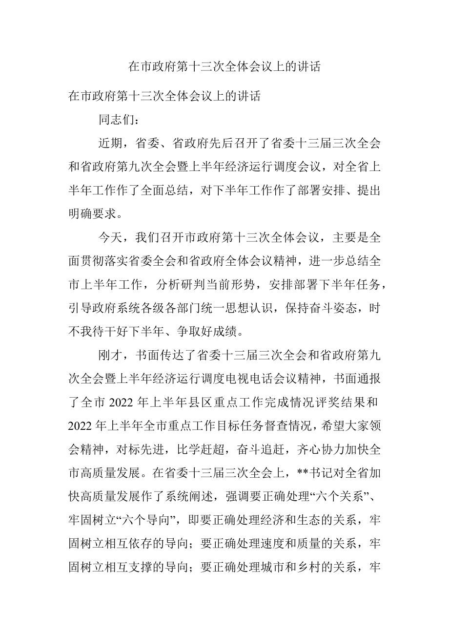 在市政府第十三次全体会议上的讲话.docx_第1页