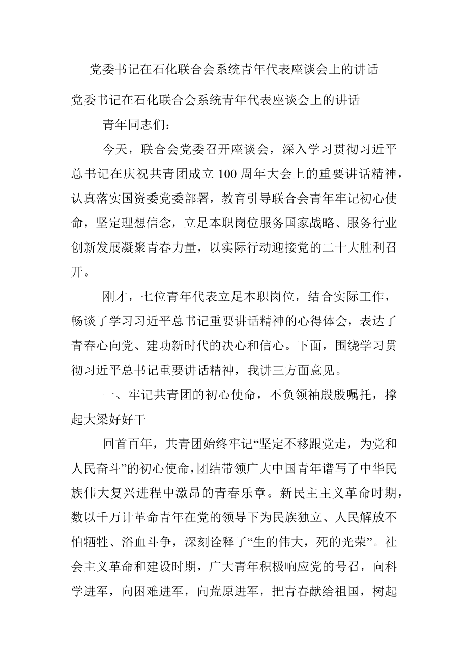 党委书记在石化联合会系统青年代表座谈会上的讲话.docx_第1页