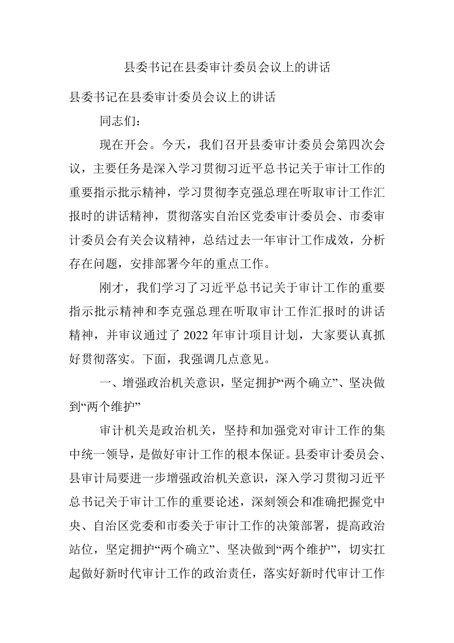 县委书记在县委审计委员会议上的讲话.docx_第1页