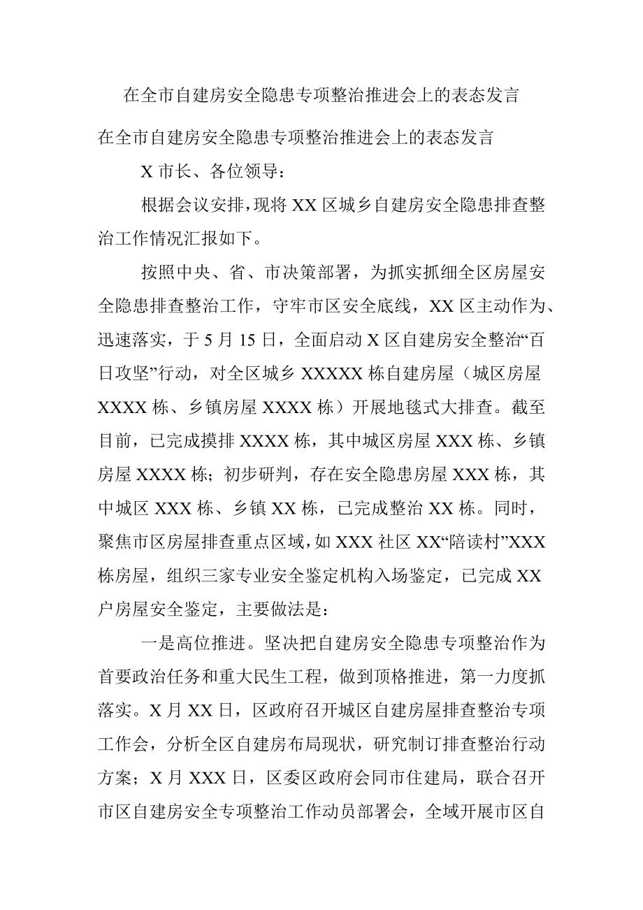 在全市自建房安全隐患专项整治推进会上的表态发言.docx_第1页