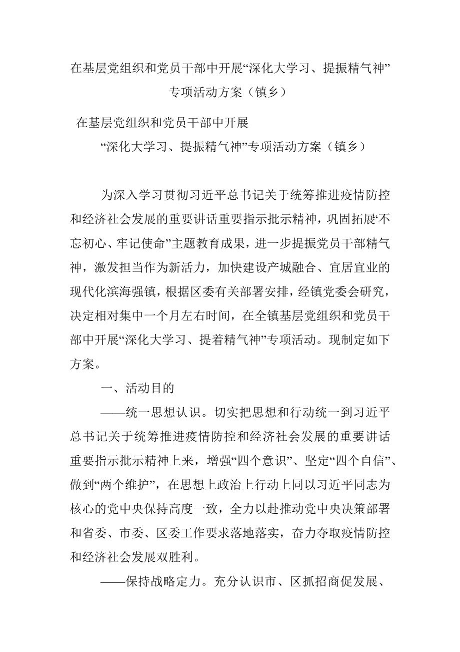 在基层党组织和党员干部中开展“深化大学习、提振精气神”专项活动方案（镇乡）.docx_第1页