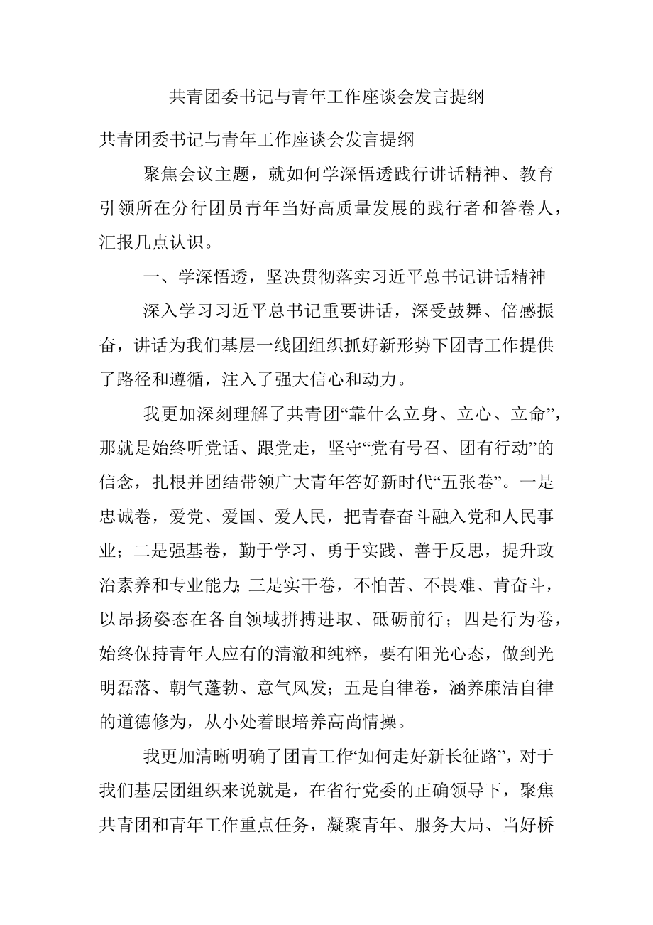 共青团委书记与青年工作座谈会发言提纲.docx_第1页