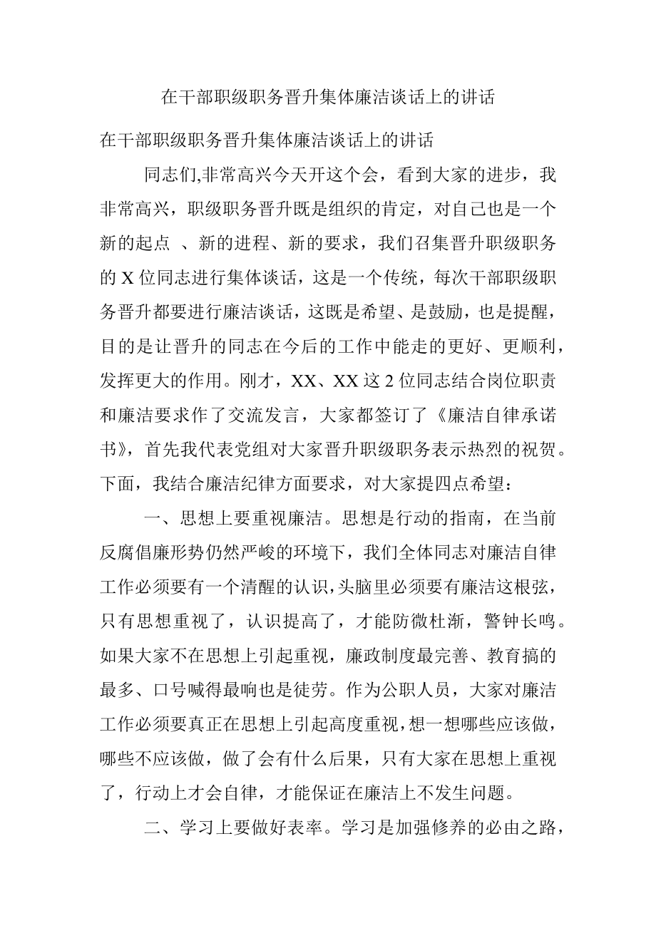 在干部职级职务晋升集体廉洁谈话上的讲话.docx_第1页