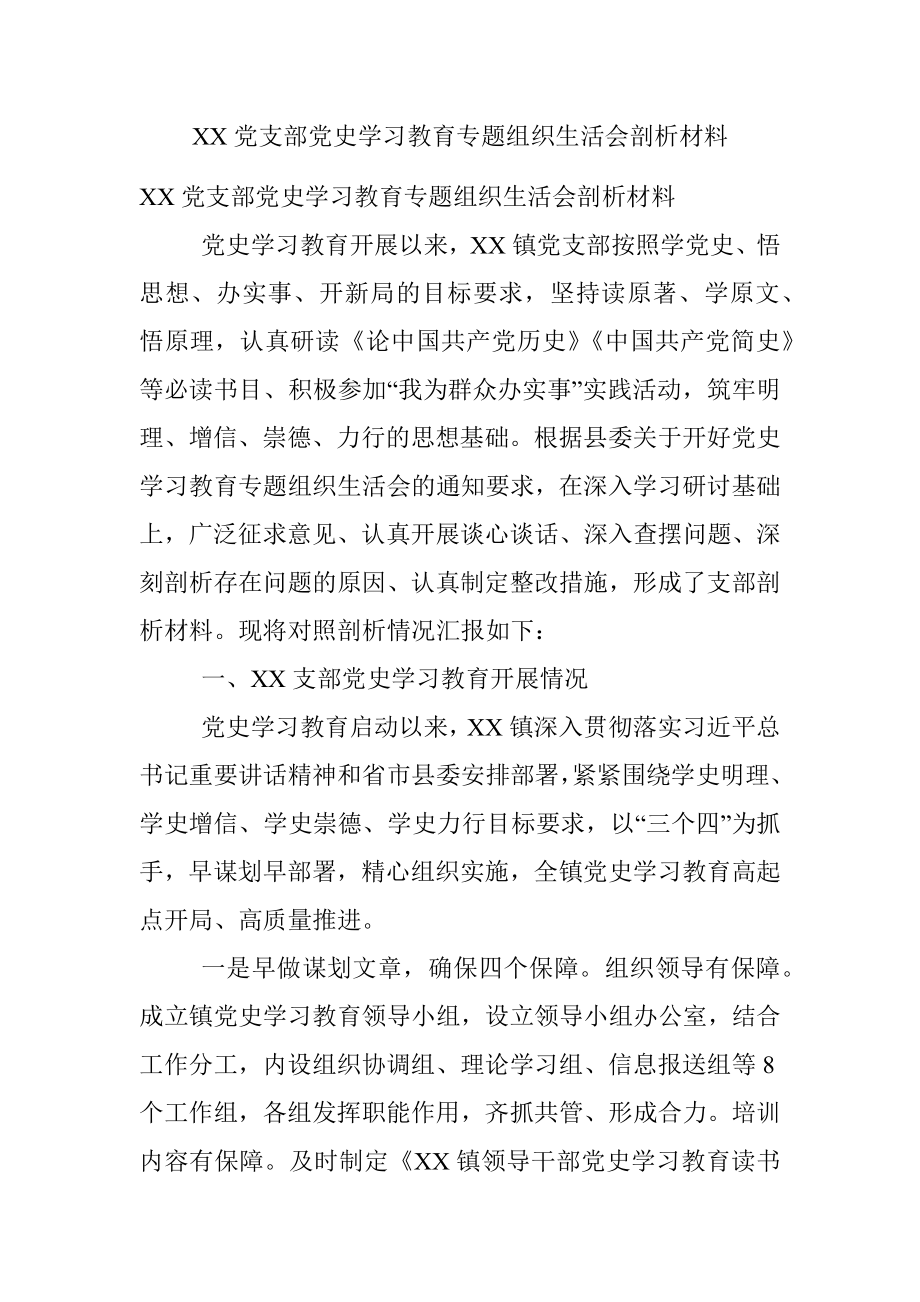 XX党支部党史学习教育专题组织生活会剖析材料.docx_第1页