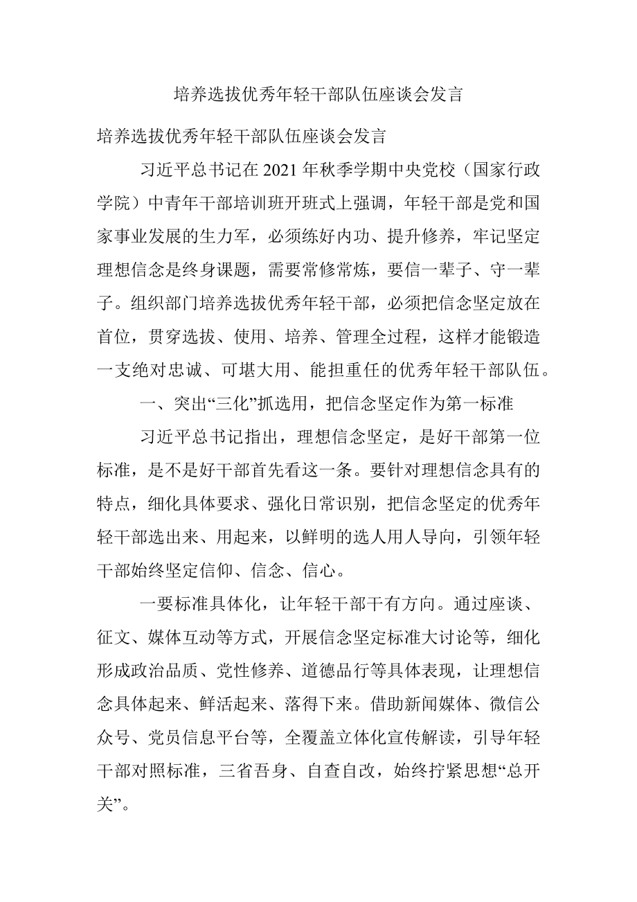 培养选拔优秀年轻干部队伍座谈会发言.docx_第1页